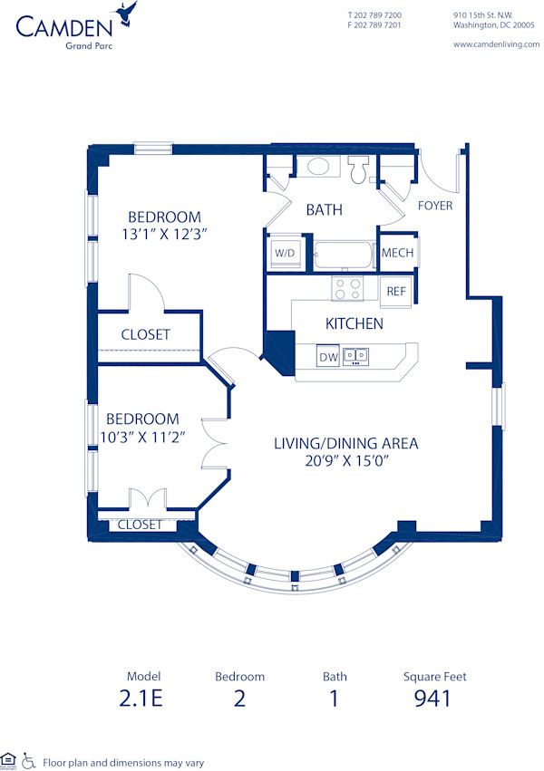 Blueprint of 2.1E Floor Plan, 2 Bedrooms and 1 Bathroom at Camden Grand Parc Apartments in Washington, DC
