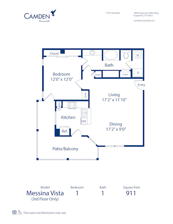 Blueprint of Messina Vista Floor Plan, 1 Bedroom and 1 Bathroom at Camden Riverwalk Apartments in Grapevine, TX