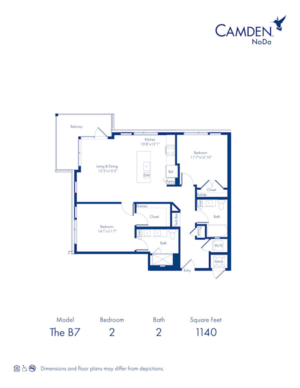 B7 floor plan, 2 bed and 2 bath apartment home at Camden NoDa in Charlotte, NC