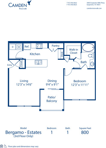 Blueprint of Bergamo Estates Floor Plan, 1 Bedroom and 1 Bathroom at Camden Riverwalk Apartments in Grapevine, TX
