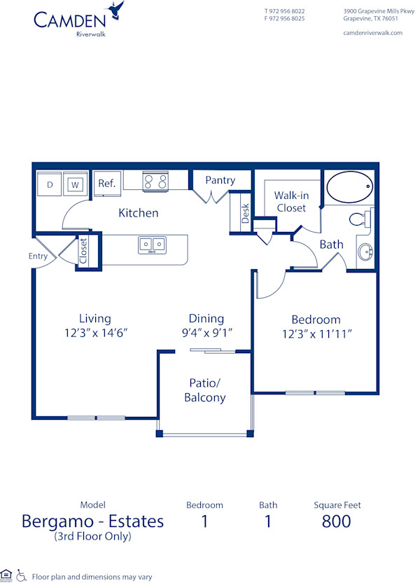 Blueprint of Bergamo Estates Floor Plan, 1 Bedroom and 1 Bathroom at Camden Riverwalk Apartments in Grapevine, TX