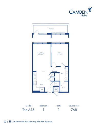 The A15 floor plan, 1 bed, 1 bath at Camden NoDa Apartments in Charlotte, NC