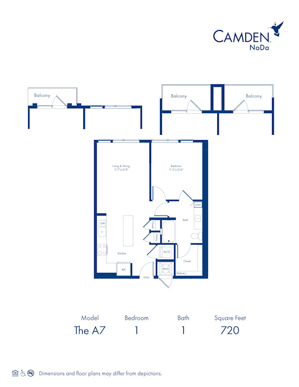 The A7 floor plan, 1 bed, 1 bath at Camden NoDa Apartments in Charlotte, NC