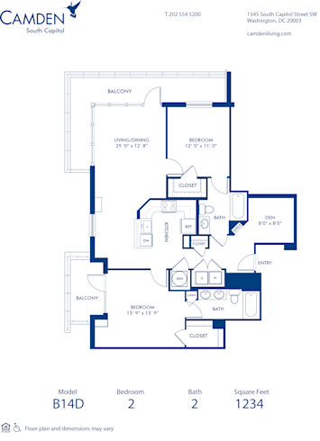 Blueprint of B14D Floor Plan, 2 Bedrooms and 2 Bathrooms at Camden South Capitol Apartments in Washington, DC