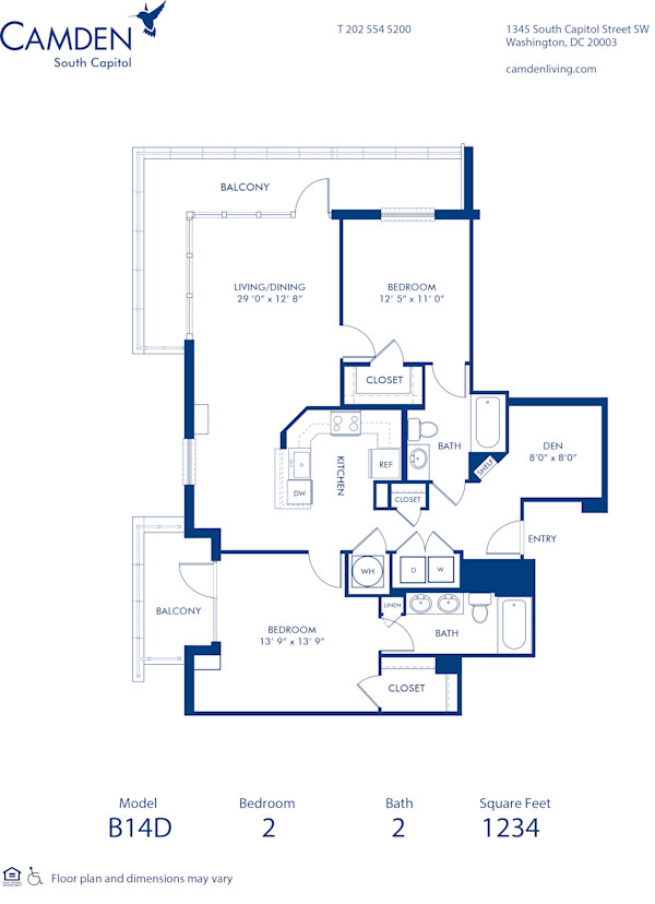 Blueprint of B14D Floor Plan, 2 Bedrooms and 2 Bathrooms at Camden South Capitol Apartments in Washington, DC