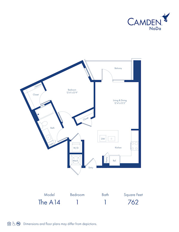 The A14 floor plan, 1 bed, 1 bath at Camden NoDa Apartments in Charlotte, NC