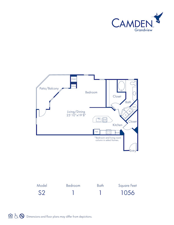 Blueprint of The Uptown Floor Plan, Studio with 1 Bathroom at Camden Grandview Apartments in Charlotte, NC
