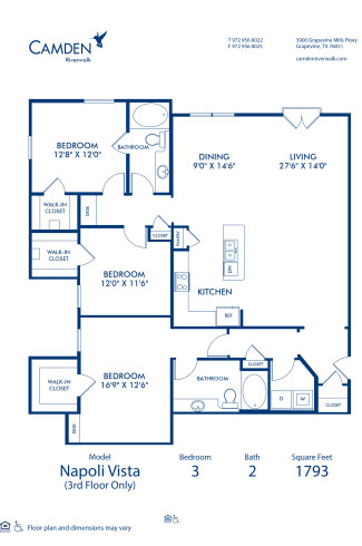 Blueprint of Napoli Vista Floor Plan, 3 Bedrooms and 2 Bathrooms at Camden Riverwalk Apartments in Grapevine, TX