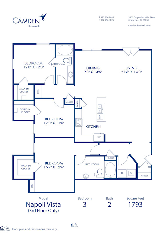 Blueprint of Napoli Vista Floor Plan, 3 Bedrooms and 2 Bathrooms at Camden Riverwalk Apartments in Grapevine, TX