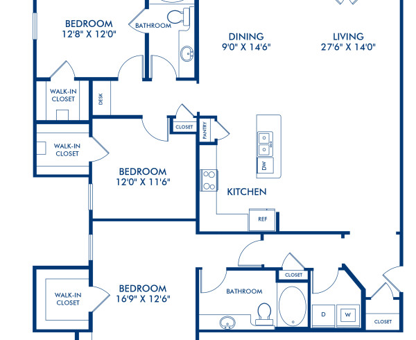 Blueprint of Napoli Vista Floor Plan, 3 Bedrooms and 2 Bathrooms at Camden Riverwalk Apartments in Grapevine, TX