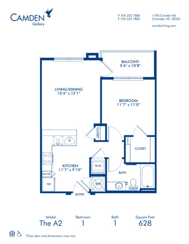 Blueprint of A2 Floor Plan, 1 Bedroom and 1 Bathroom at Camden Gallery Apartments in Charlotte, NC