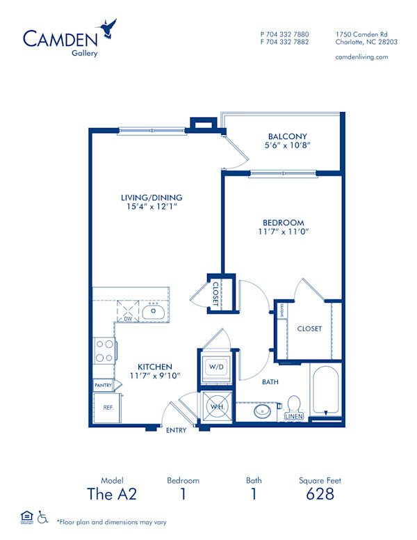 Blueprint of A2 Floor Plan, 1 Bedroom and 1 Bathroom at Camden Gallery Apartments in Charlotte, NC