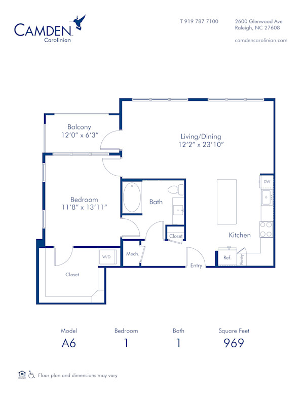 Blueprint of the A6 One Bedroom, One Bathroom Floor Plan at Camden Carolinian Apartments in Raleigh, NC