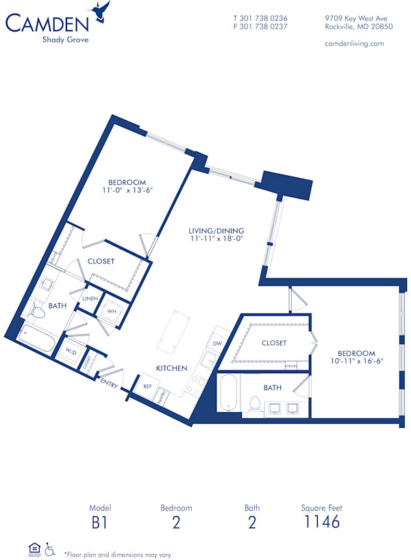 Blueprint of B1 Floor Plan, 2 Bedrooms and 2 Bathrooms at Camden Shady Grove Apartments in Rockville, MD