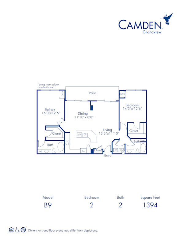 Blueprint of The South Beach Floor Plan, 2 Bedrooms and 2 Bathrooms at Camden Grandview Apartments in Charlotte, NC