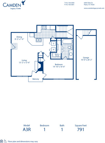 Blueprint of A3R Floor Plan, 1 Bedroom and 1 Bathroom at Camden Legacy Creek Apartments in Plano, TX
