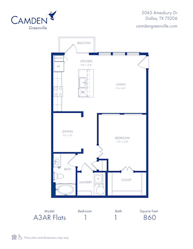 Camden Greenville Apartments, Dallas, TX A3AR Floor Plan, One Bedroom-One Bathroom