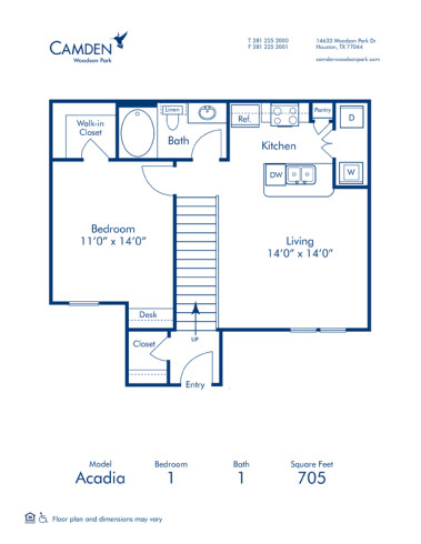 Blueprint of Acadia Floor Plan, 1 Bedroom and 1 Bathroom at Camden Woodson Park Apartments in Houston, TX