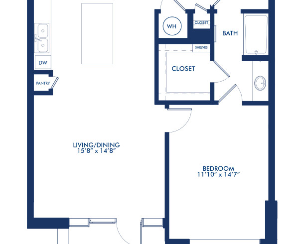Blueprint of A8-A Floor Plan, One Bedroom and One Bathroom Apartment at Camden McGowen Station Apartments in Midtown Houston, TX