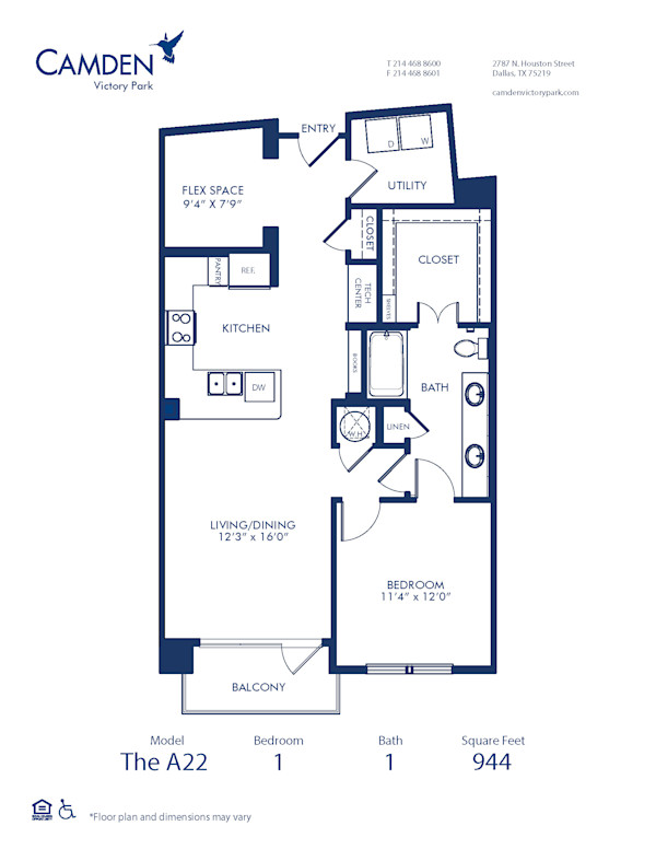 Blueprint of A22 Floor Plan, 1 Bedroom and 1 Bathroom at Camden Victory Park Apartments in Dallas, TX