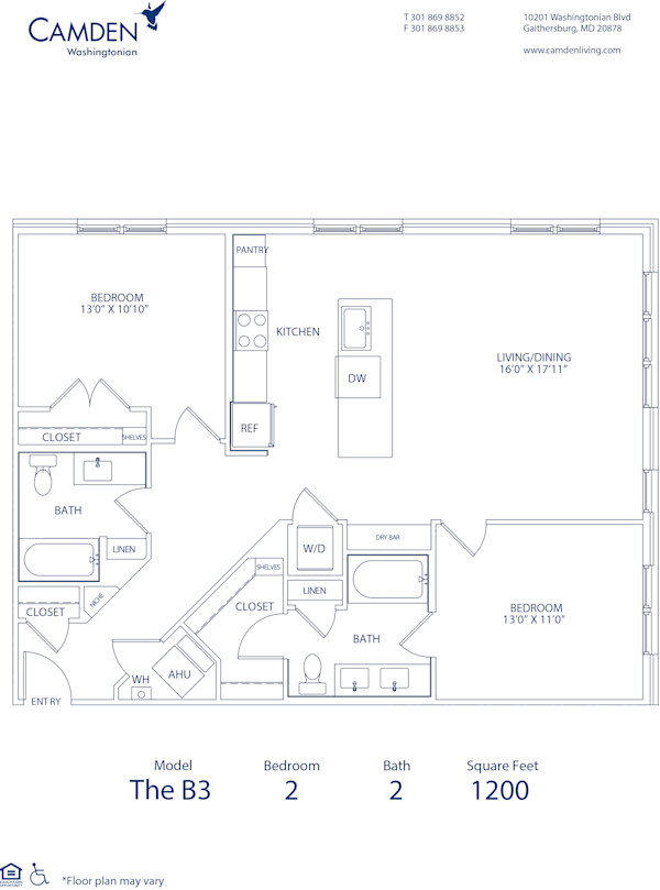Blueprint of The B3, 2 Bedroom 2 Bathroom Floor Plan at Camden Washingtonian Apartments in Gaithersburg, MD