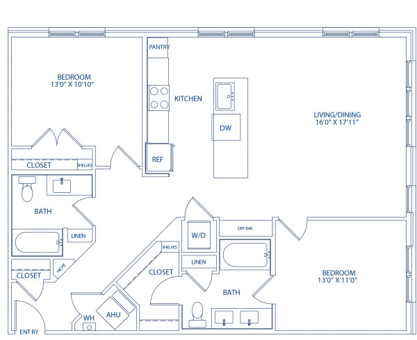 Blueprint of The B3, 2 Bedroom 2 Bathroom Floor Plan at Camden Washingtonian Apartments in Gaithersburg, MD