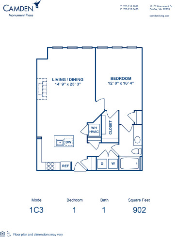 Blueprint of 1C3 Floor Plan, 1 Bedroom and 1 Bathroom at Camden Monument Place Apartments in Fairfax, VA