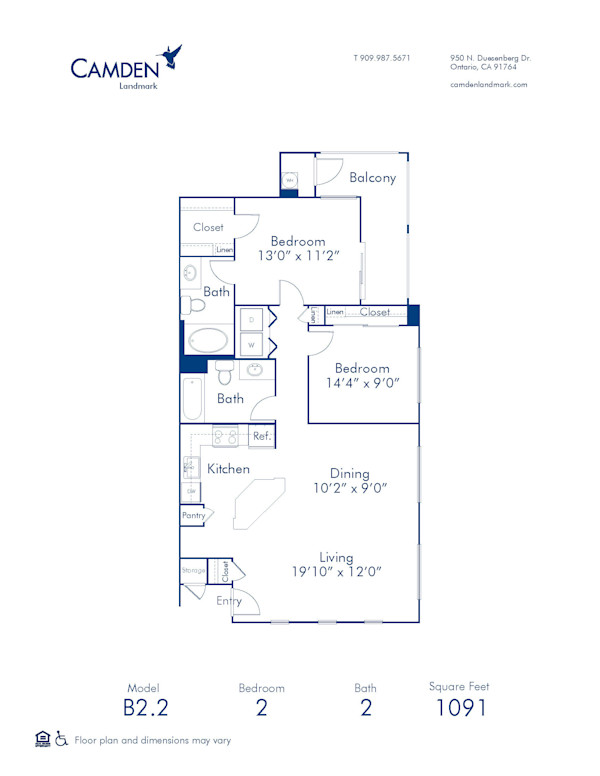 Blueprint of B2.2 Floor Plan, 2 Bedrooms and 2 Bathrooms at Camden Landmark Apartments in Ontario, CA