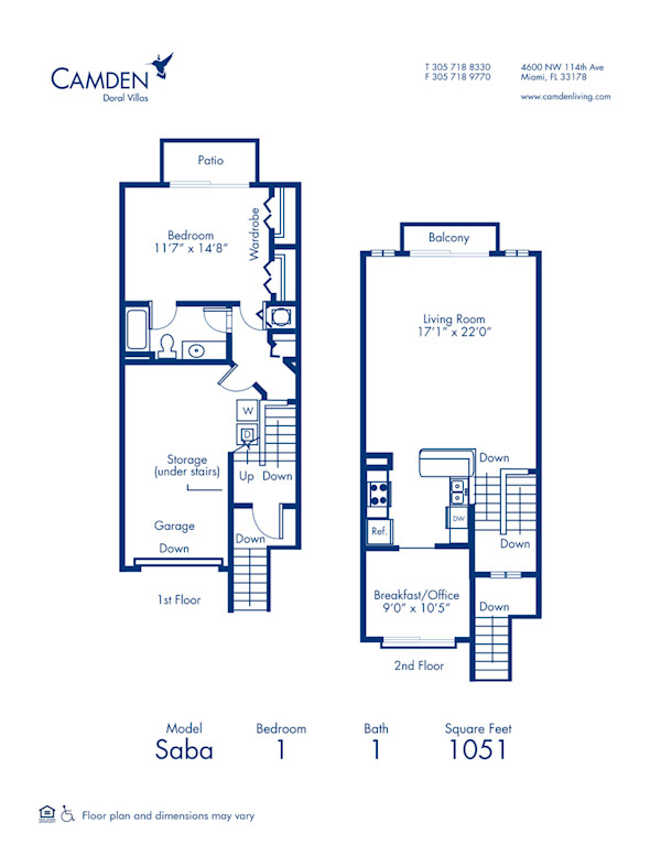 Blueprint of Saba Floor Plan, Apartment Home with 1 Bedroom and 1 Bathroom at Camden Doral Villas in Doral, FL