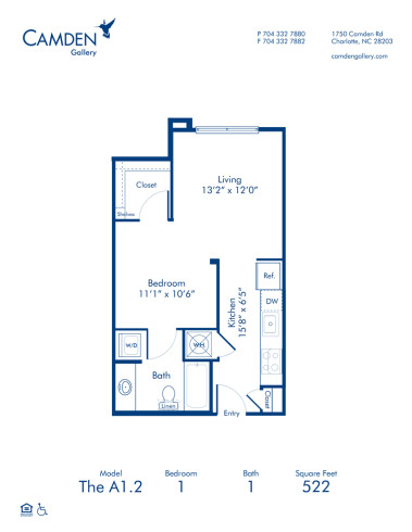 Blueprint of A1.2 Floor Plan, Studio with 1 Bathroom at Camden Gallery Apartments in Charlotte, NC