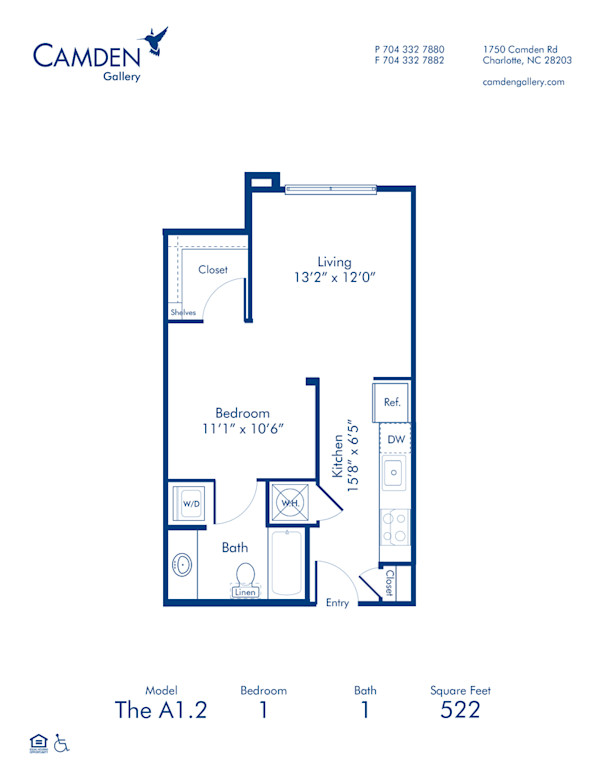 Blueprint of A1.2 Floor Plan, Studio with 1 Bathroom at Camden Gallery Apartments in Charlotte, NC