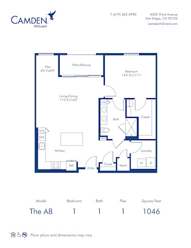 Camden Hillcrest apartments in San Diego, California one bedroom, one bath floor plan The A8