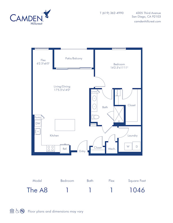 Camden Hillcrest apartments in San Diego, California one bedroom, one bath floor plan The A8