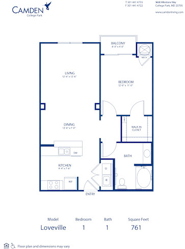 Blueprint of Loveville Floor Plan, 1 Bedroom and 1 Bathroom at Camden College Park Apartments in College Park, MD