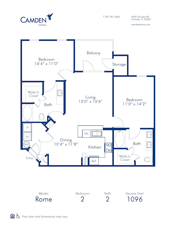 Blueprint of Rome Floor Plan, 2 Bedrooms and 2 Bathrooms at Camden LaVina Apartments in Orlando, FL
