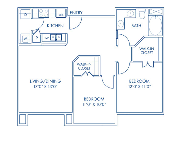 Blueprint of B1 Floor Plan, 2 Bedrooms and 1 Bathroom at Camden Tuscany Apartments in San Diego, CA