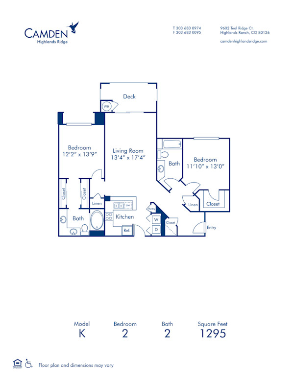 Blueprint of K Floor Plan, 2 Bedrooms and 2 Bathrooms at Camden Highlands Ridge Apartments in Highlands Ranch, CO