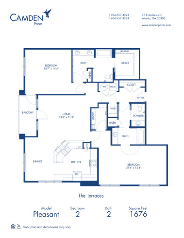 Blueprint of Pleasant Floor Plan, 2 Bedrooms and 2 Bathrooms at Camden Paces Apartments in Atlanta, GA