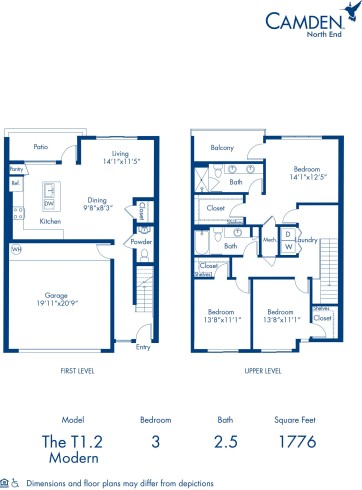 Camden North End apartments in Phoenix, Arizona three bedroom, two and half bathroom townhome floor plan T1.2