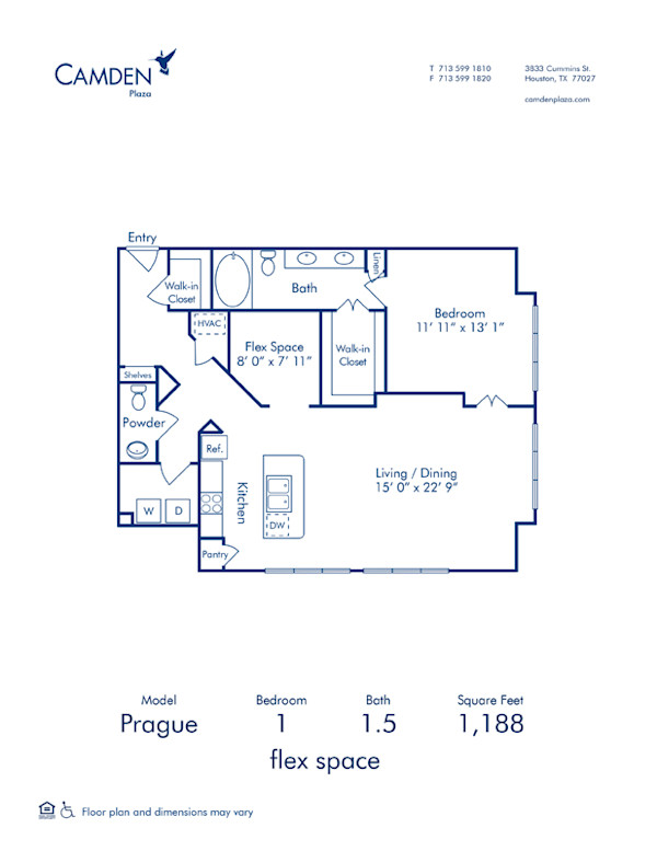 Blueprint of Prague Floor Plan, 1 Bedroom and 1.5 Bathrooms at Camden Plaza Apartments in Houston, TX