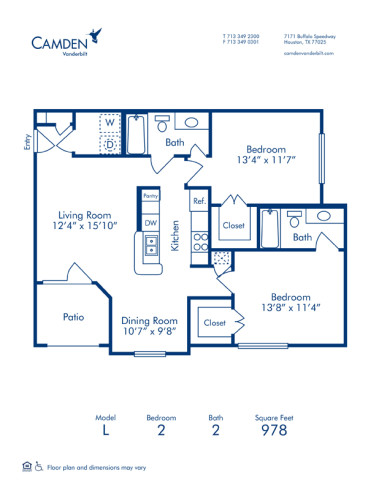 Blueprint of L Floor Plan, 2 Bedrooms and 2 Bathrooms at Camden Vanderbilt Apartments in Houston, TX