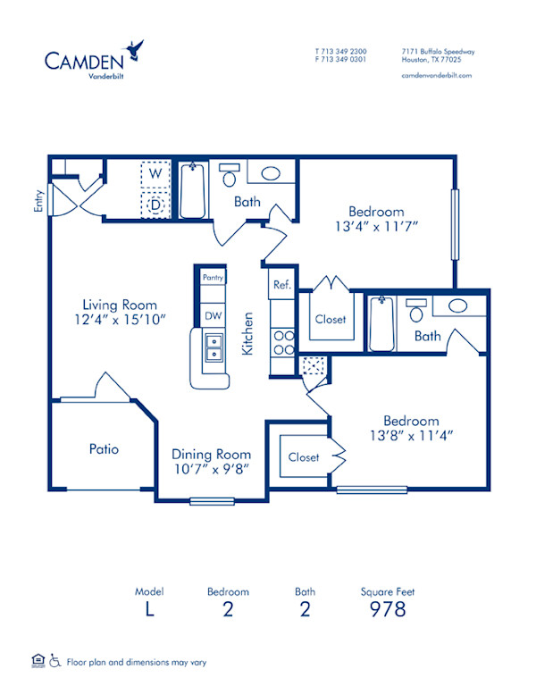 Blueprint of L Floor Plan, 2 Bedrooms and 2 Bathrooms at Camden Vanderbilt Apartments in Houston, TX
