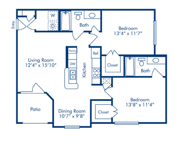 Blueprint of L Floor Plan, 2 Bedrooms and 2 Bathrooms at Camden Vanderbilt Apartments in Houston, TX