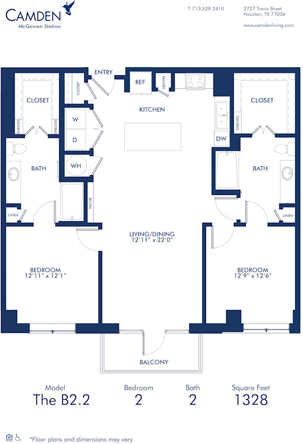 Blueprint of B2.2 Floor Plan, Two Bedroom Two Bathroom Apartment at Camden McGowen Station Apartments in Midtown Houston, TX