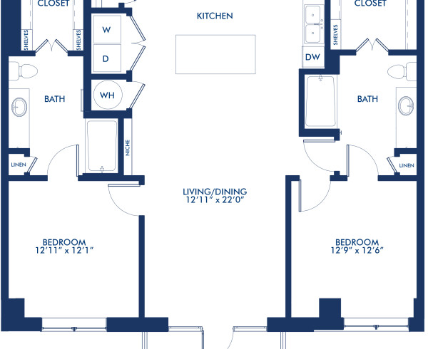 Blueprint of B2.2 Floor Plan, Two Bedroom Two Bathroom Apartment at Camden McGowen Station Apartments in Midtown Houston, TX