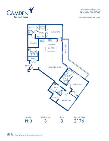 Blueprint of P3 Floor Plan, 1 Bedroom and 1.5 Bathrooms at Camden Music Row Apartments in Nashville, TN