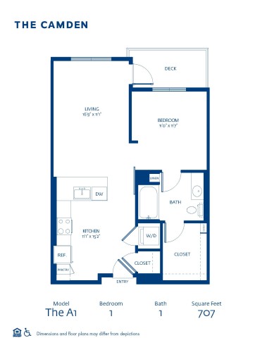 Blueprint of A1 Floor Plan, 1 Bedroom and 1 Bathroom Apartment Home at The Camden in Hollywood, CA
