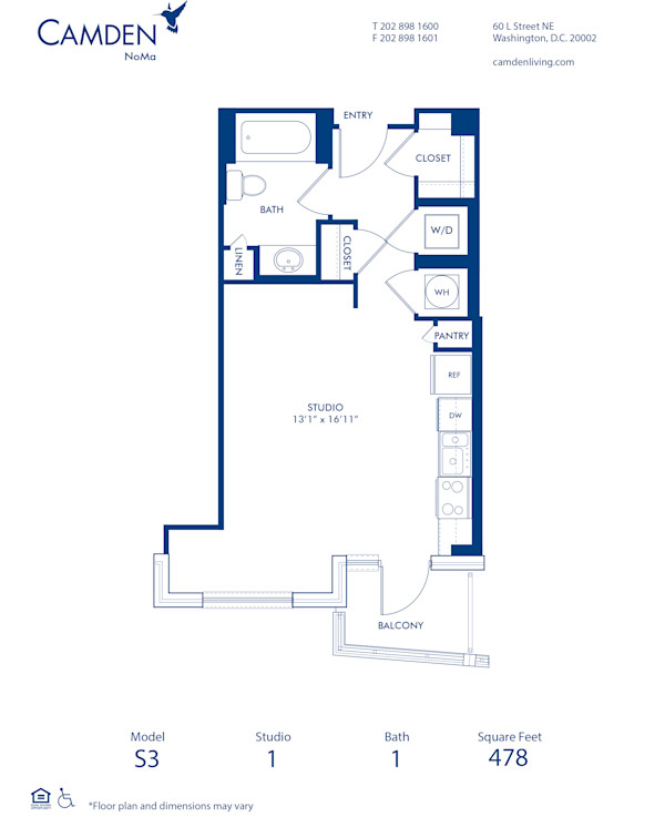 Blueprint of S3 Floor Plan, Studio with 1 Bathroom at Camden NoMa Apartments in Washington, DC