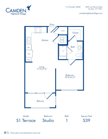 Camden Highland Village apartments in Houston, TX Terrace studio floor plan S1