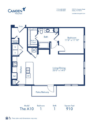 Blueprint of A10 Floor Plan, 1 Bedroom and 1 Bathroom at Camden Victory Park Apartments in Dallas, TX